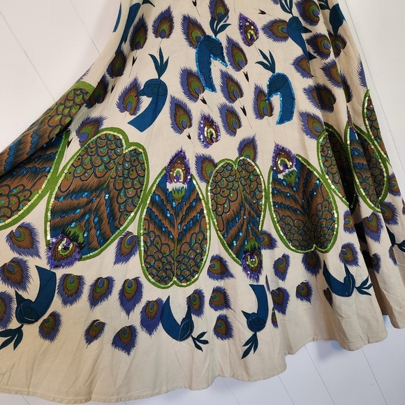 Vintage Peacock A-Line Midi Skirt Sequins Embellished Size XL New Deadstock 90s - Picture 2 of 12